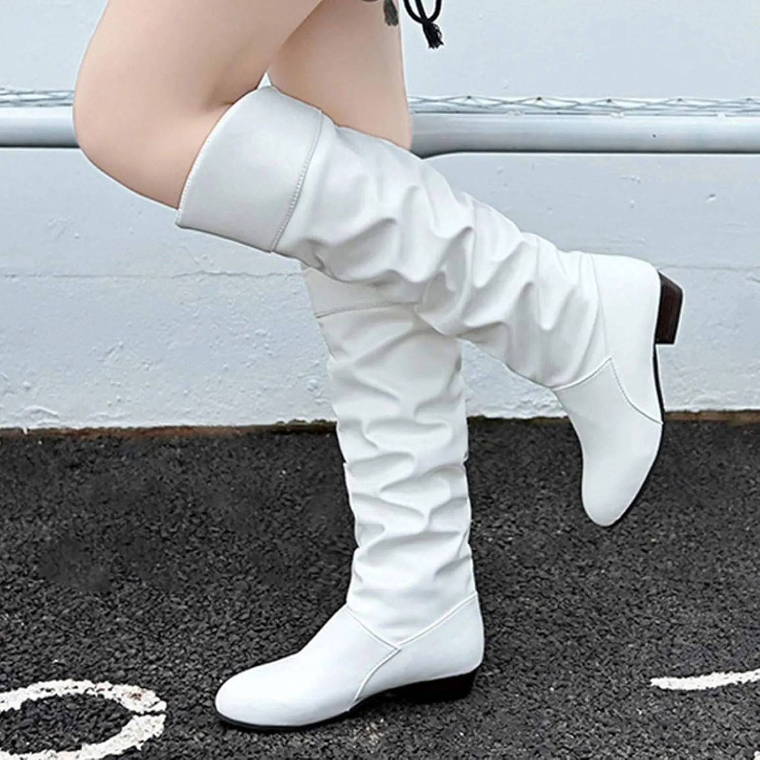 Knee High Boots Women Pointed Toe Pull on Flat Boots Side Zipper Long Boots High Wrinkled Slouchy Boots