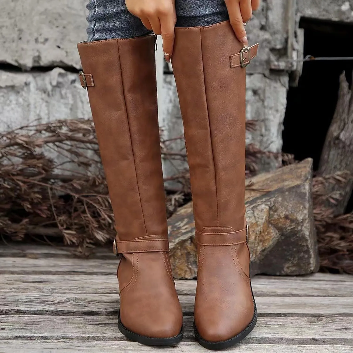 Ladies British Style Leather Belt Buckle Decorative Side Zipper Dashion Long Tube Knee Boots Snow Boots