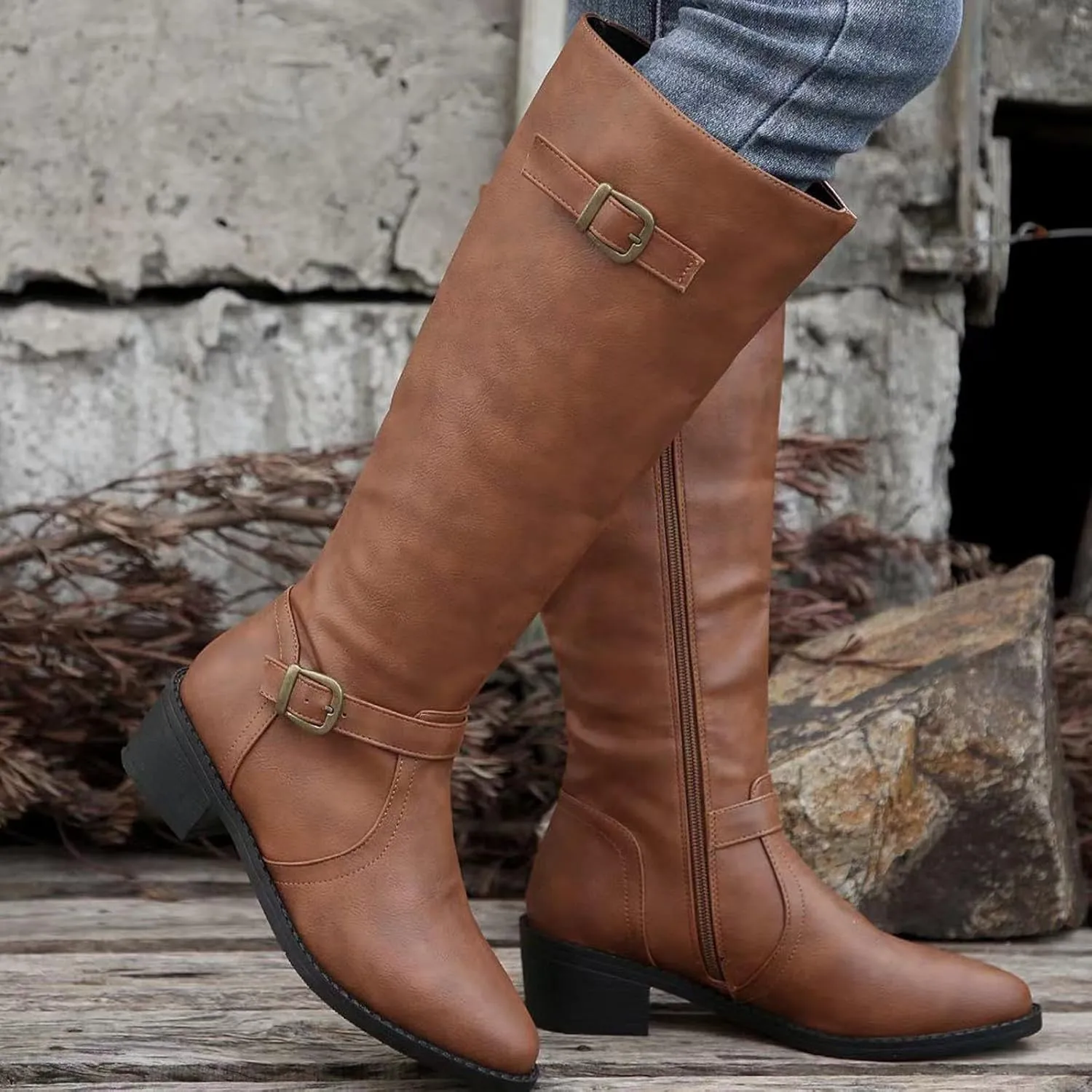 Ladies British Style Leather Belt Buckle Decorative Side Zipper Dashion Long Tube Knee Boots Snow Boots