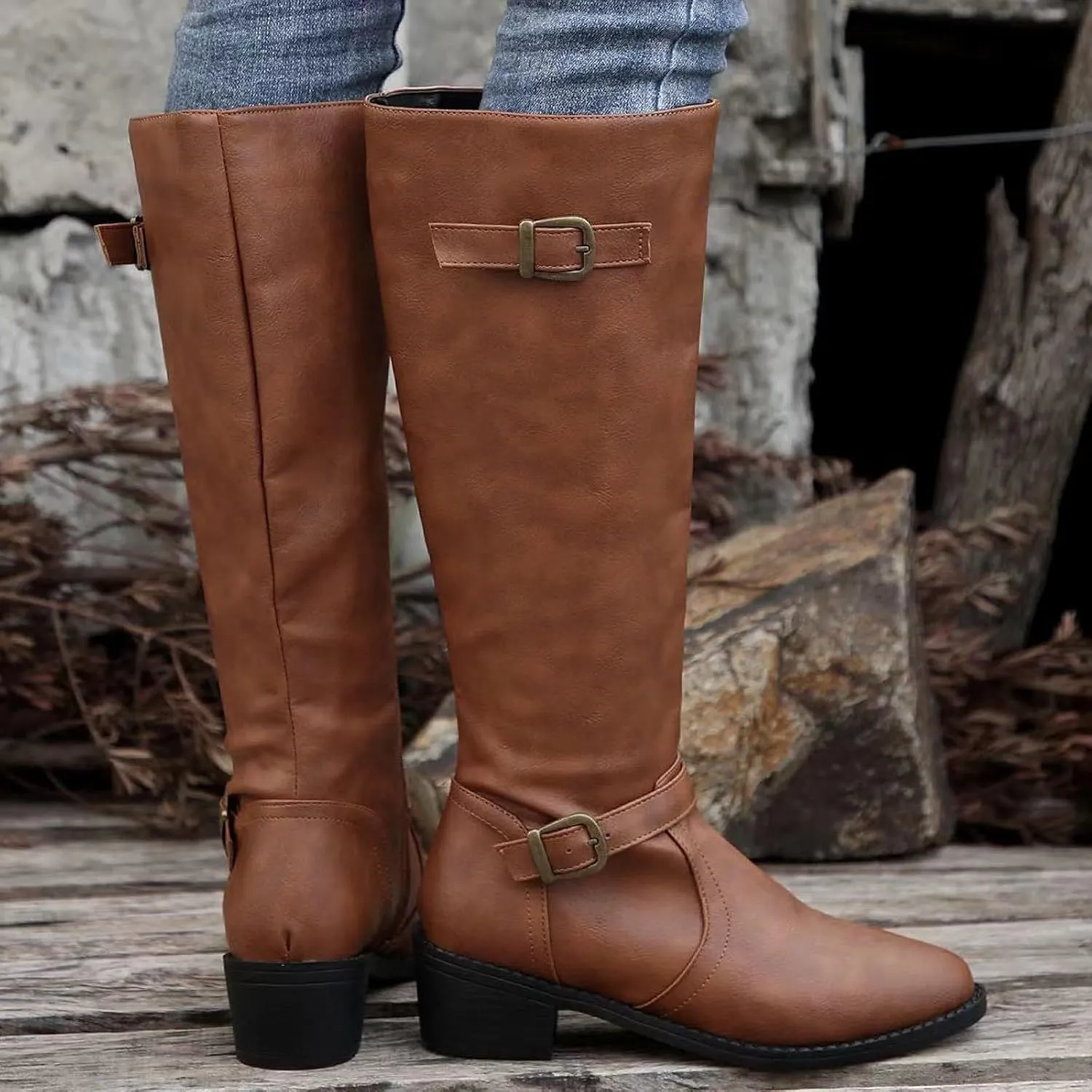 Ladies British Style Leather Belt Buckle Decorative Side Zipper Dashion Long Tube Knee Boots Snow Boots