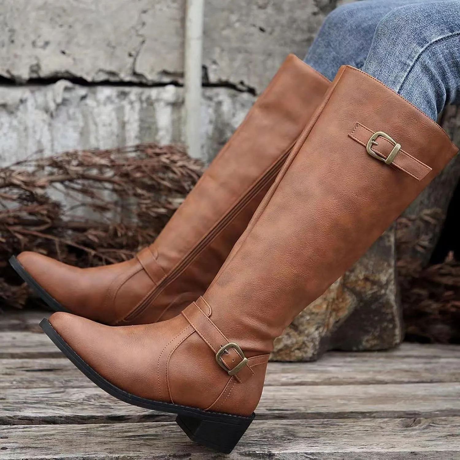 Ladies British Style Leather Belt Buckle Decorative Side Zipper Dashion Long Tube Knee Boots Snow Boots