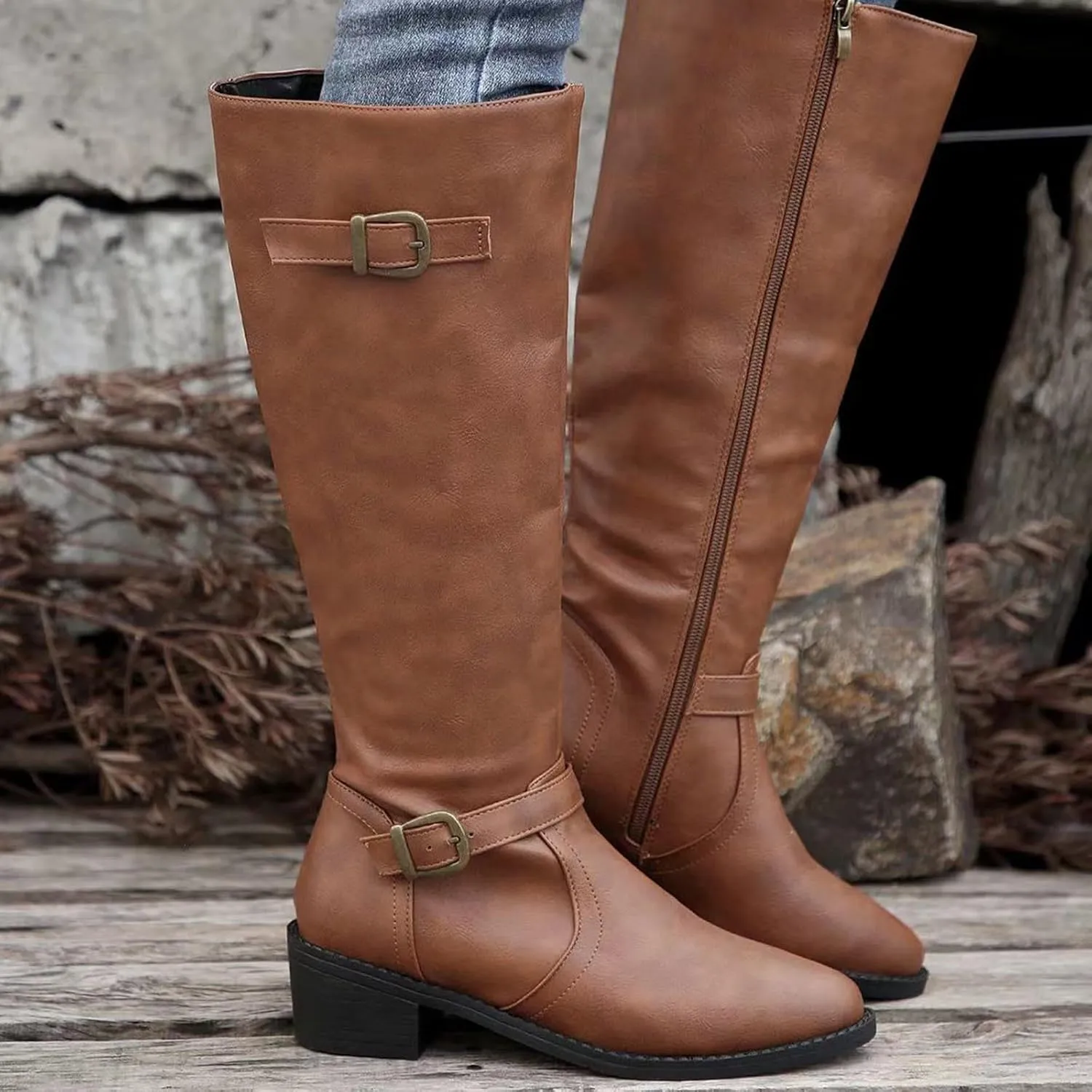 Ladies British Style Leather Belt Buckle Decorative Side Zipper Dashion Long Tube Knee Boots Snow Boots