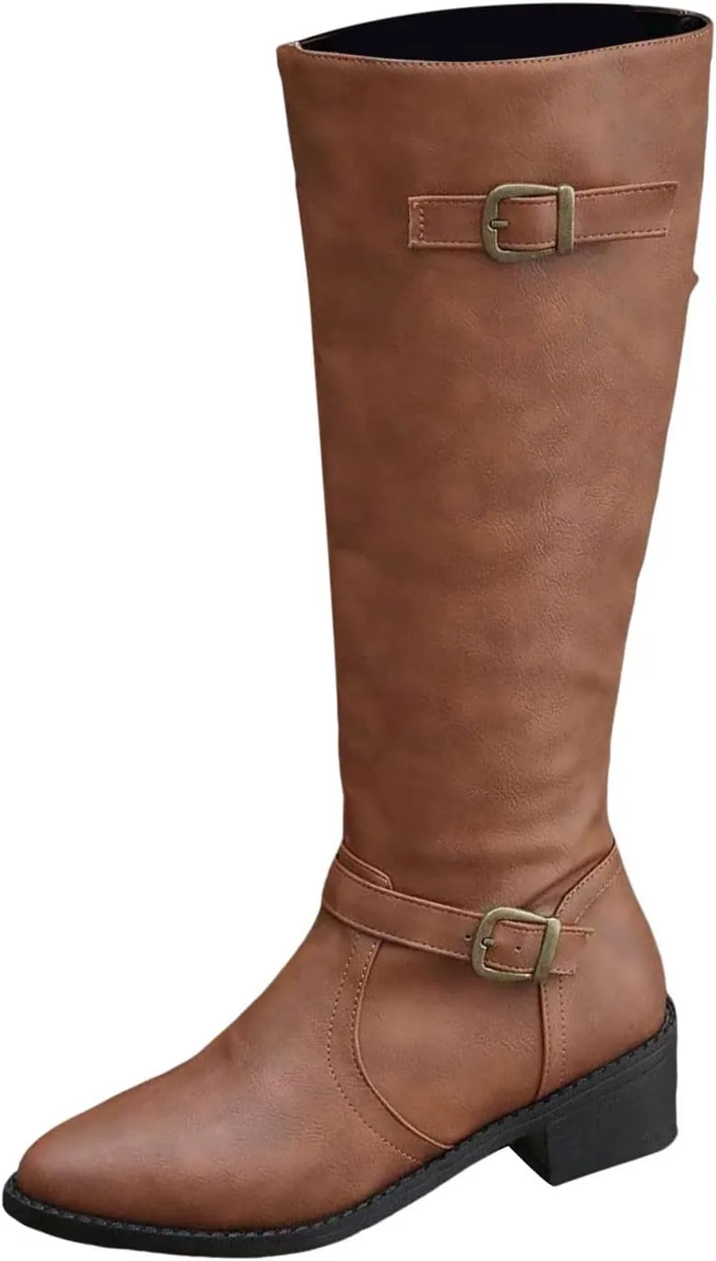 Ladies British Style Leather Belt Buckle Decorative Side Zipper Dashion Long Tube Knee Boots Snow Boots