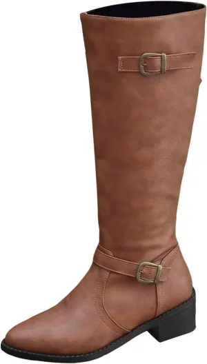 Ladies British Style Leather Belt Buckle Decorative Side Zipper Dashion Long Tube Knee Boots Snow Boots