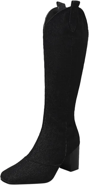 Ladies Cowboy Fashion Vintage Boots Pointed Toe Low Heel Side Zipper Knee Boots Knee High Boots 12w Women Wide Calf (Black, 7)