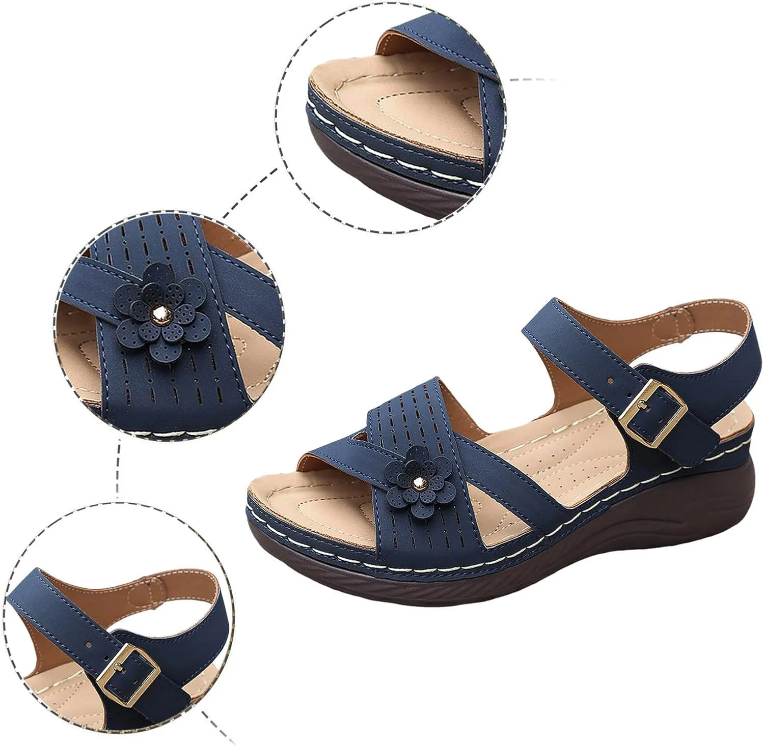 Ladies Summer Flower Solid Colour Buckle Thick Bottom Large Size Slope Heel Sandalss Sandals Women Fashion Sandals Flat