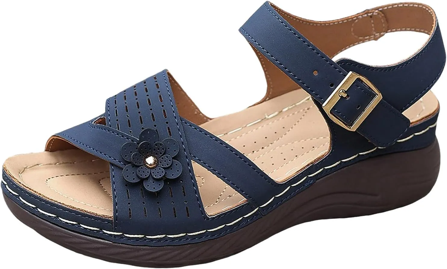 Ladies Summer Flower Solid Colour Buckle Thick Bottom Large Size Slope Heel Sandalss Sandals Women Fashion Sandals Flat