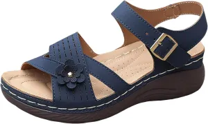 Ladies Summer Flower Solid Colour Buckle Thick Bottom Large Size Slope Heel Sandalss Sandals Women Fashion Sandals Flat