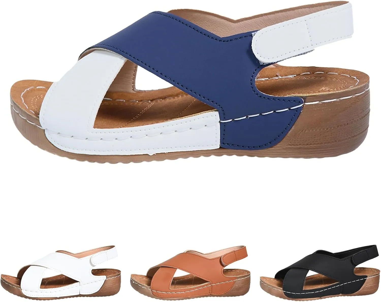 Ladies Summer Retro Solid Colour Leather Slope Heel Thick Bottom Large Size Sandals Womens Heeled Sandals Pairs