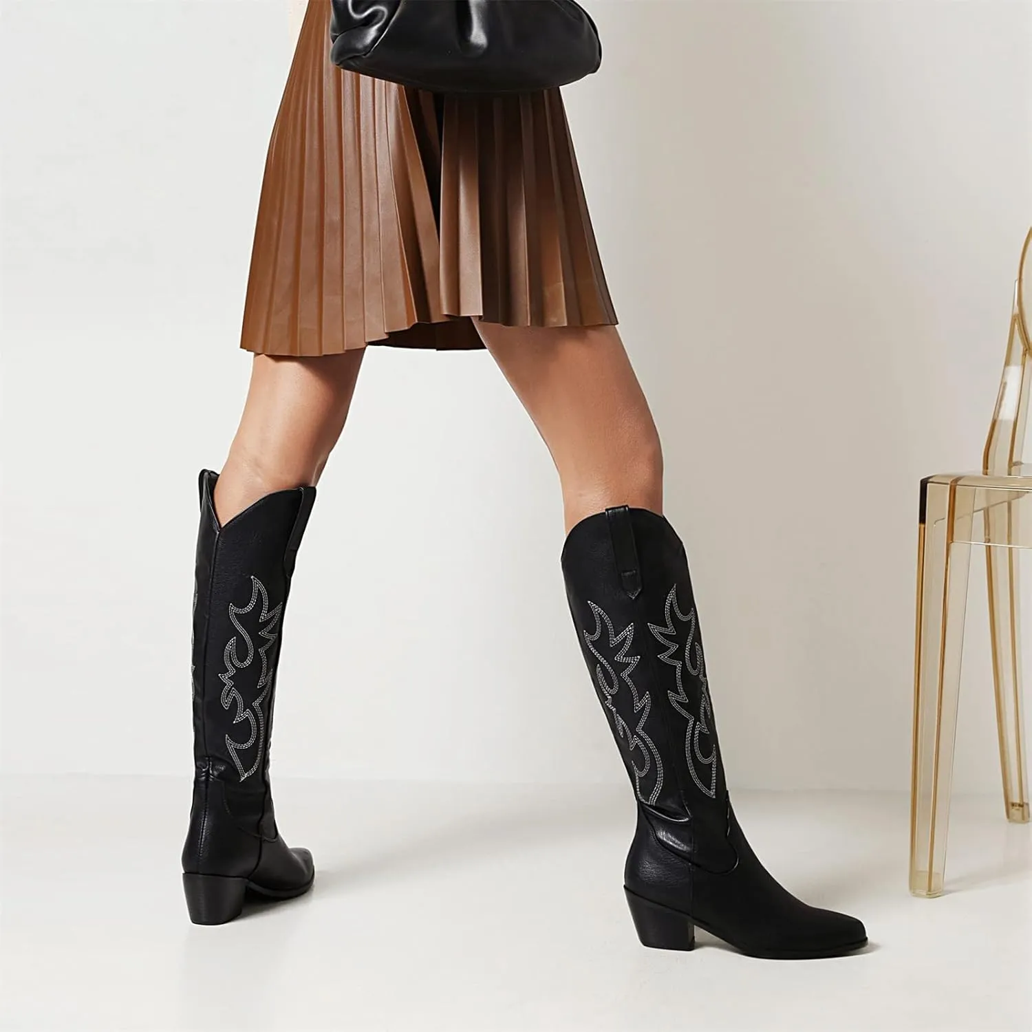 Ladmiple Cowboy Boots For Women Knee High Wide Calf Embroidered Western Boots Chunky Heel Fashion Classic Boot Pull-On