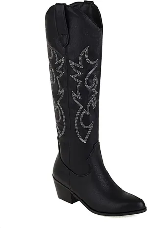 Ladmiple Cowboy Boots For Women Knee High Wide Calf Embroidered Western Boots Chunky Heel Fashion Classic Boot Pull-On