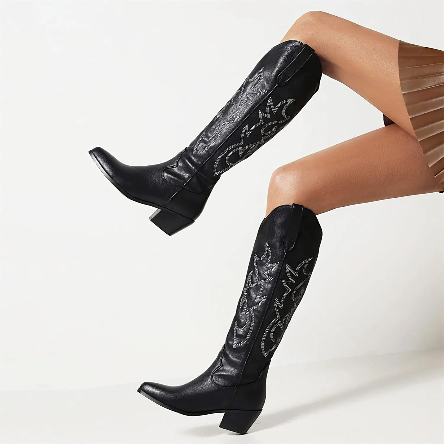 Ladmiple Cowboy Boots For Women Knee High Wide Calf Embroidered Western Boots Chunky Heel Fashion Classic Boot Pull-On