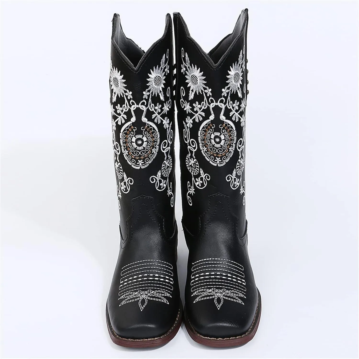 Ladmiple Cowgirl Boots Women Wide Calf Knee High Embroidered Pull On Cowboy Western Chunky Heel Mid Calf Wedding Boots