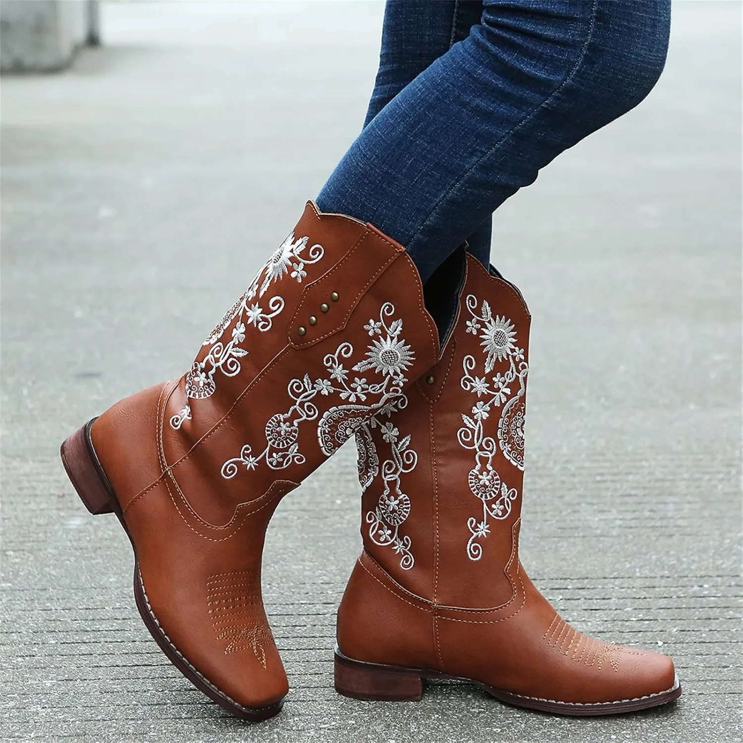 Ladmiple Cowgirl Boots Women Wide Calf Knee High Embroidered Pull On Cowboy Western Chunky Heel Mid Calf Wedding Boots