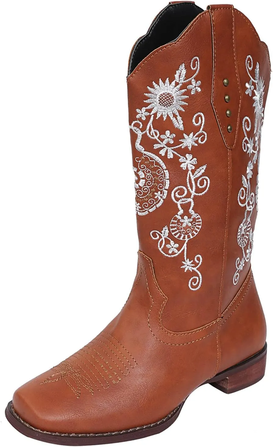 Ladmiple Cowgirl Boots Women Wide Calf Knee High Embroidered Pull On Cowboy Western Chunky Heel Mid Calf Wedding Boots