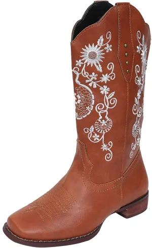 Ladmiple Cowgirl Boots Women Wide Calf Knee High Embroidered Pull On Cowboy Western Chunky Heel Mid Calf Wedding Boots