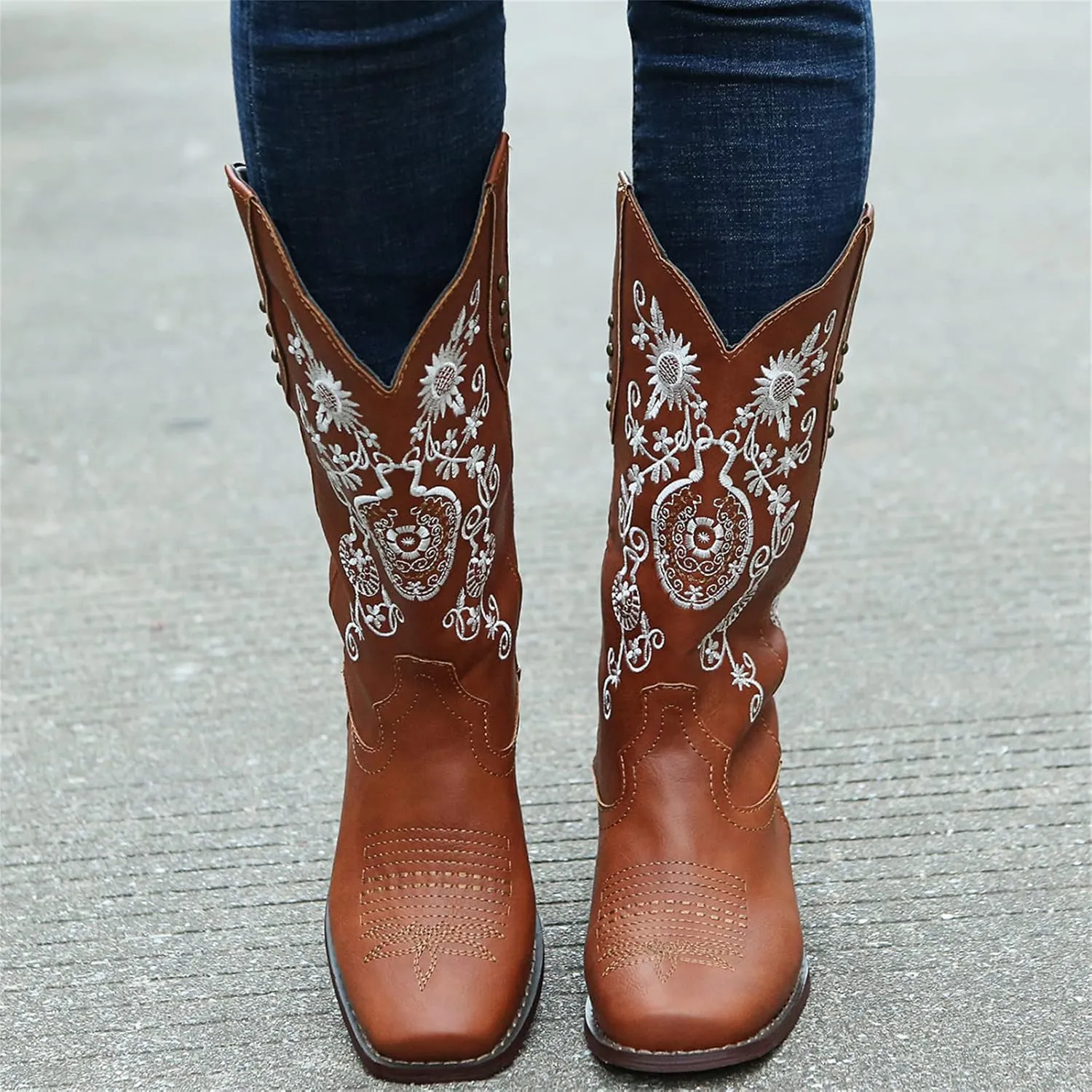 Ladmiple Cowgirl Boots Women Wide Calf Knee High Embroidered Pull On Cowboy Western Chunky Heel Mid Calf Wedding Boots