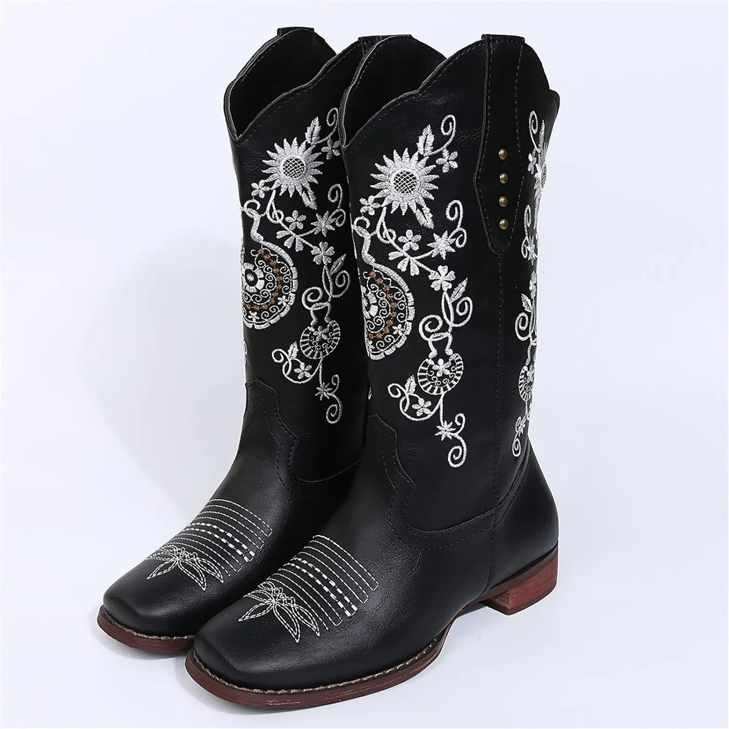 Ladmiple Cowgirl Boots Women Wide Calf Knee High Embroidered Pull On Cowboy Western Chunky Heel Mid Calf Wedding Boots