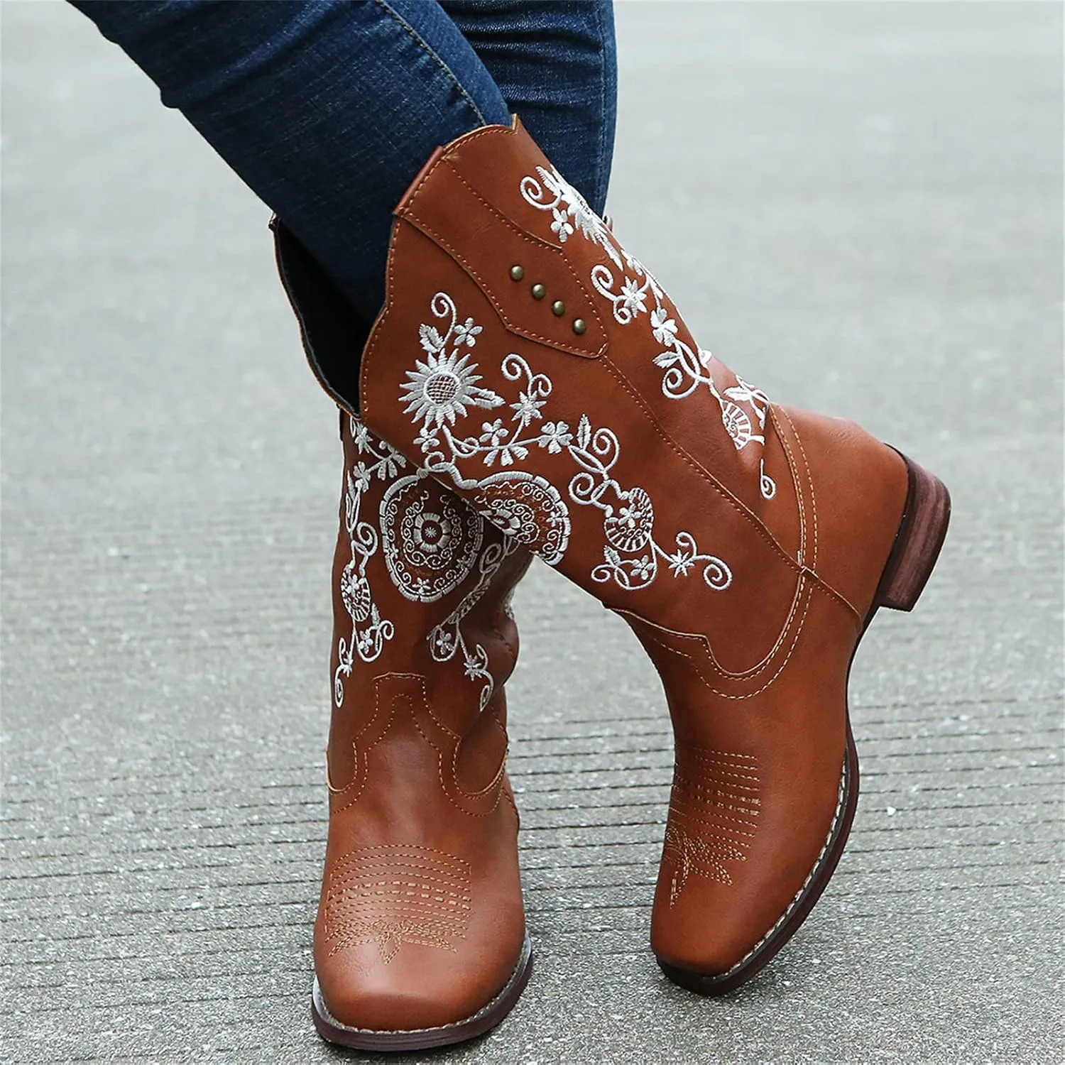 Ladmiple Cowgirl Boots Women Wide Calf Knee High Embroidered Pull On Cowboy Western Chunky Heel Mid Calf Wedding Boots