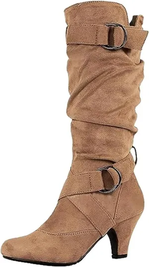 Ladmiple Fall Boots Women Knee High Wide Calf Cone Heel Slouchy Western Cowboy Cowgirl Boots Party Fashion Dress Shoes