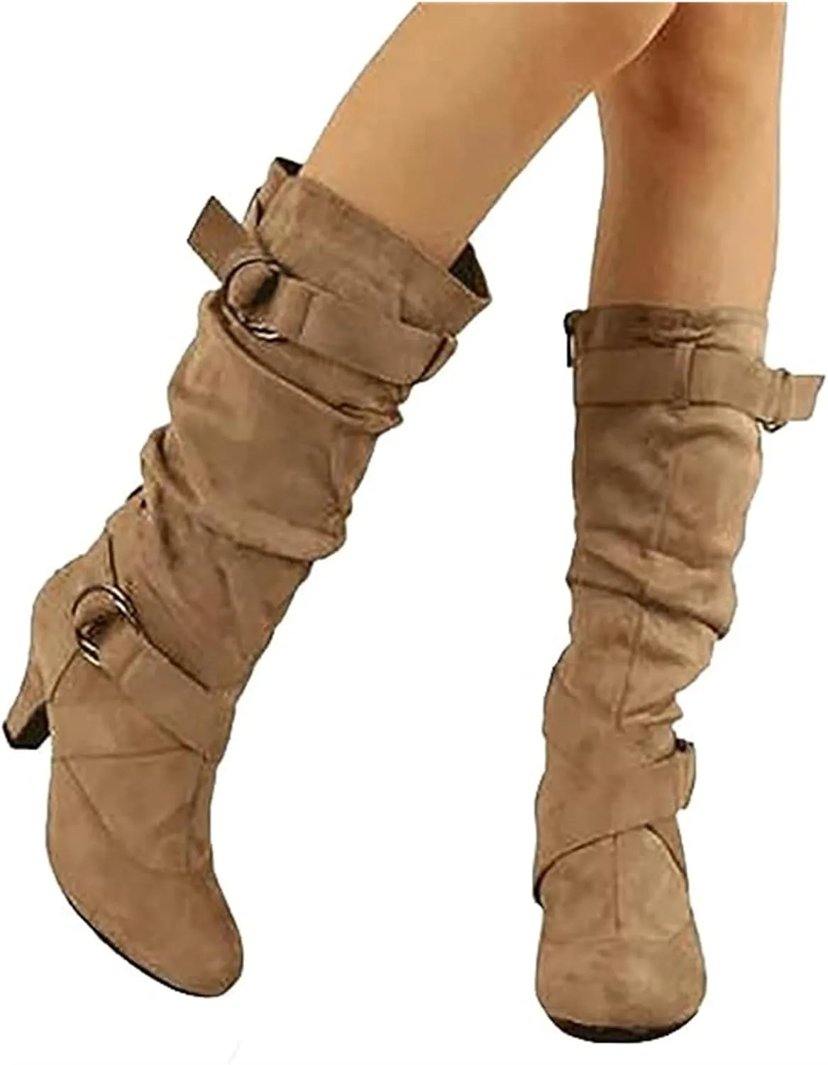 Ladmiple Fall Boots Women Knee High Wide Calf Cone Heel Slouchy Western Cowboy Cowgirl Boots Party Fashion Dress Shoes