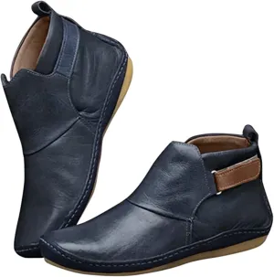 Lausiuoe Ankle Boots For Women No Heel Casual Dressy Elastic Booties Ladies Flat Western Wide Width Fashion Boot Pull-On