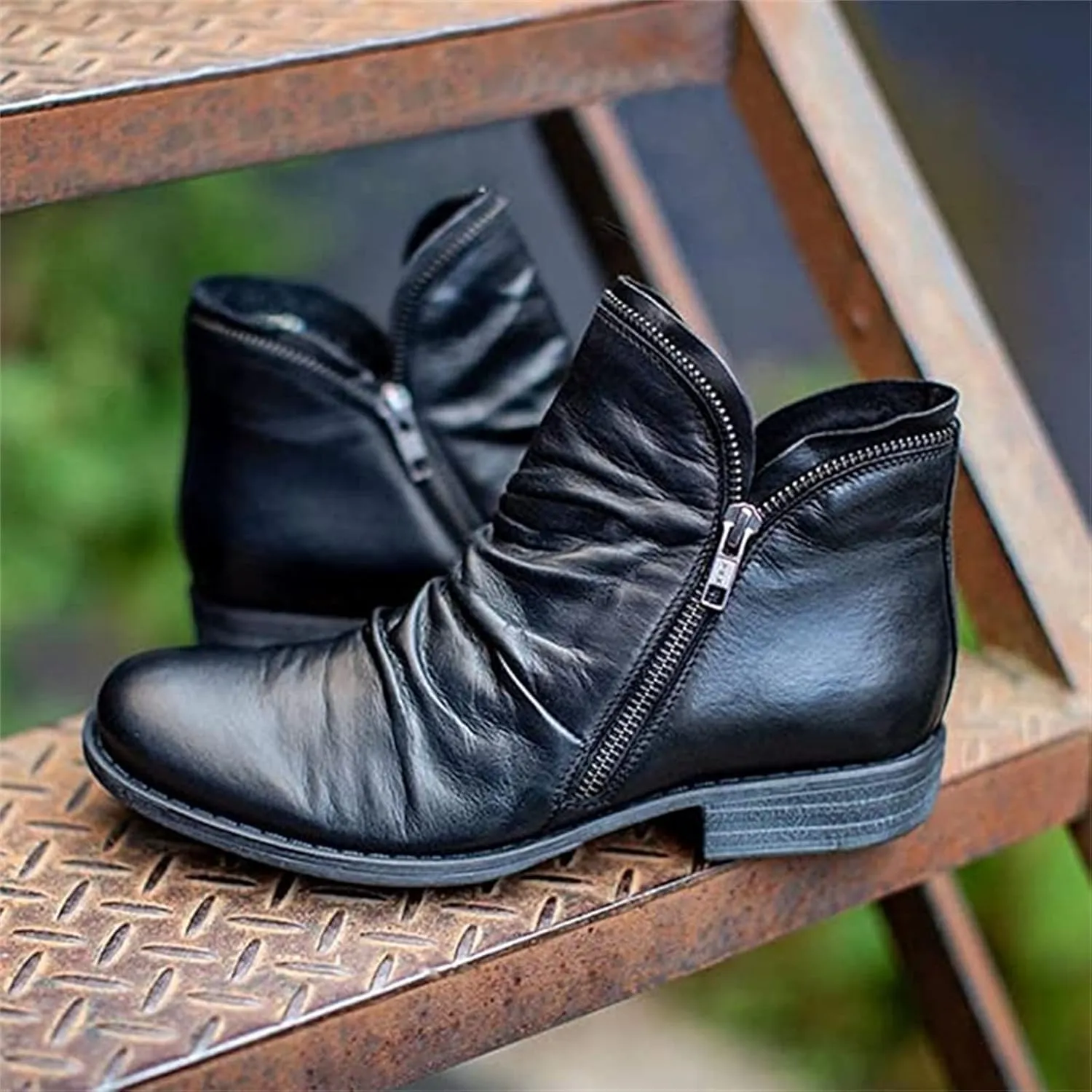 Lausiuoe Ankle Boots For Women No Heel Casual Dressy Fashion Short Boots Side Zipper Western Flat Shoes Boot Pull-On