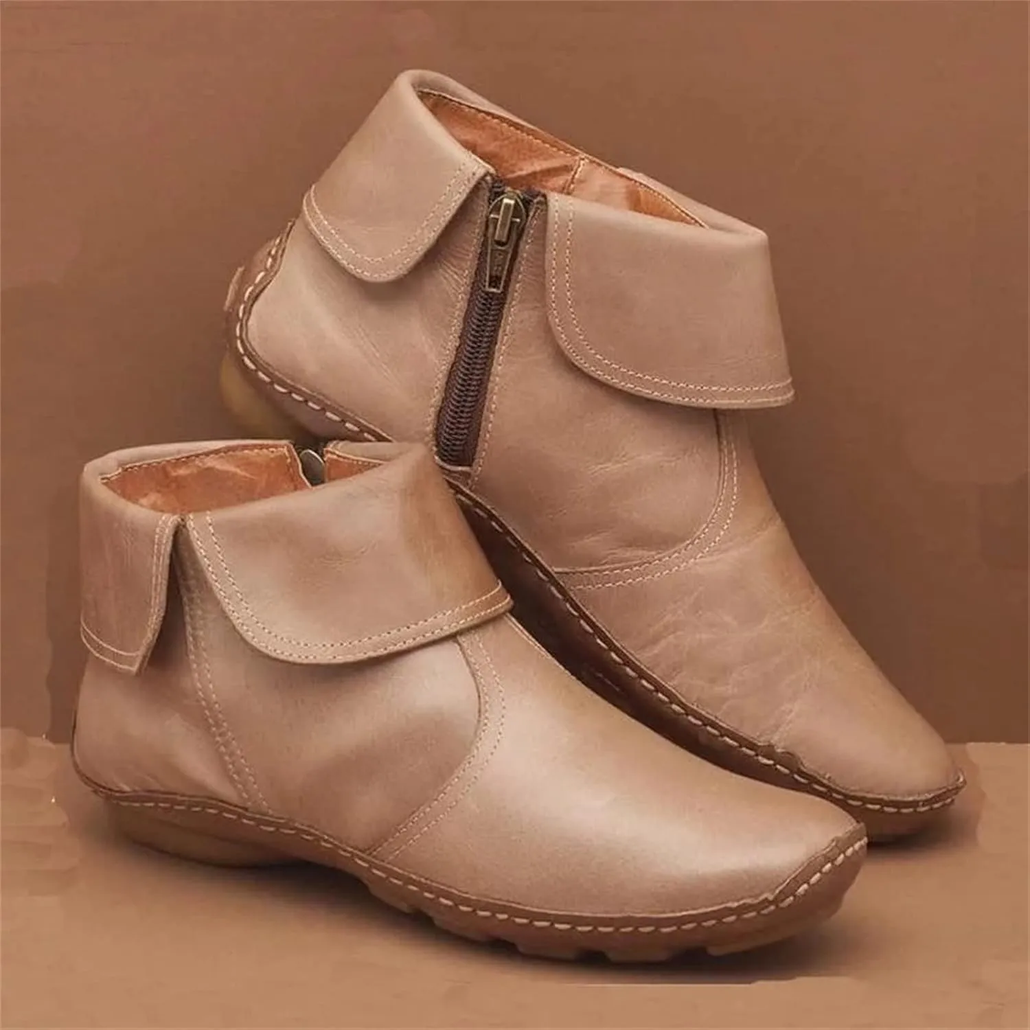 Lausiuoe Ankle Boots For Women No Heel Casual Dressy Fashion Short Boots Side Zipper Western Flat Shoes Boot Pull-On