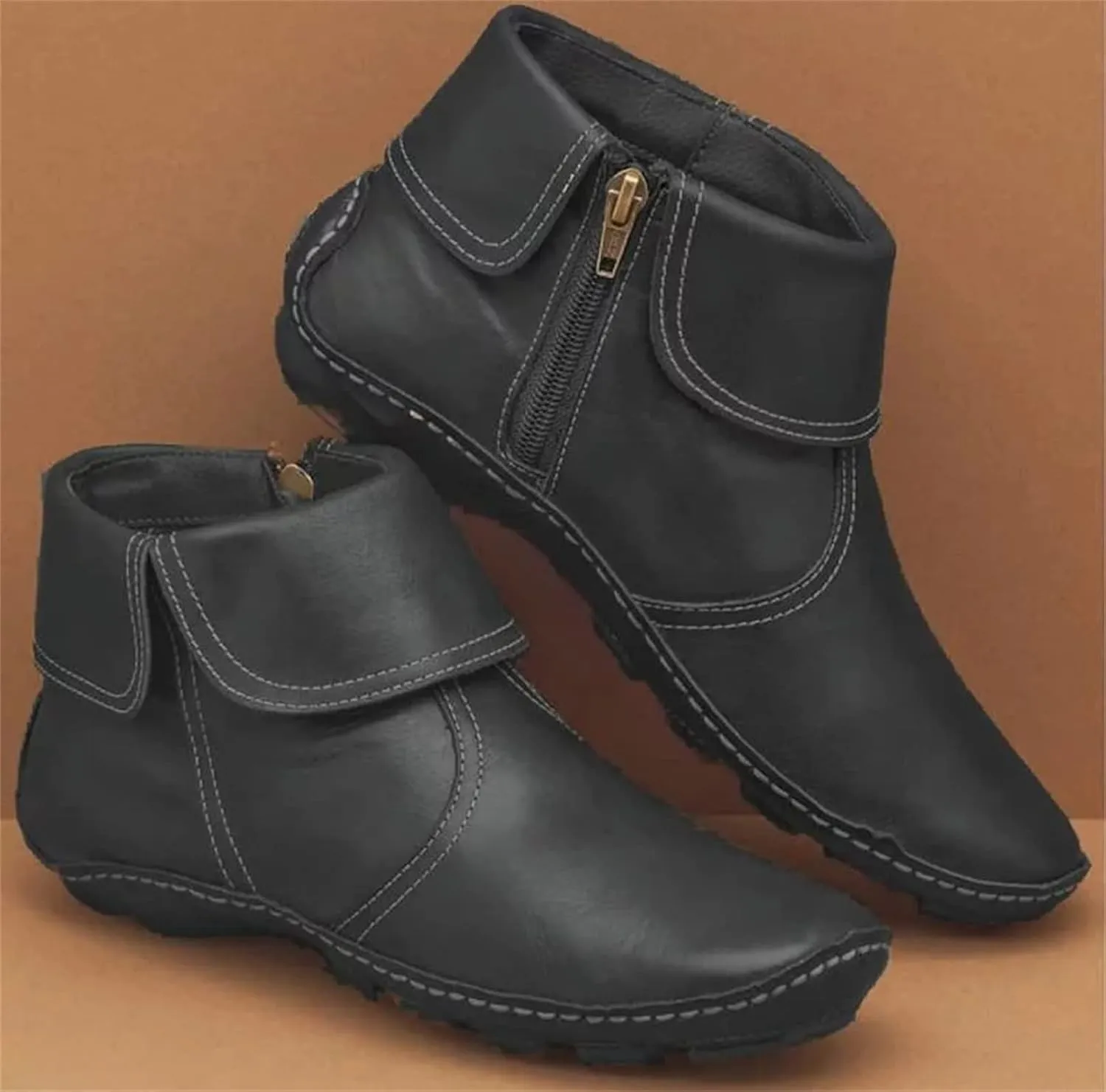 Lausiuoe Ankle Boots For Women No Heel Casual Dressy Vintage Retro Short Western Boots Ladies Elegant Flat Booties