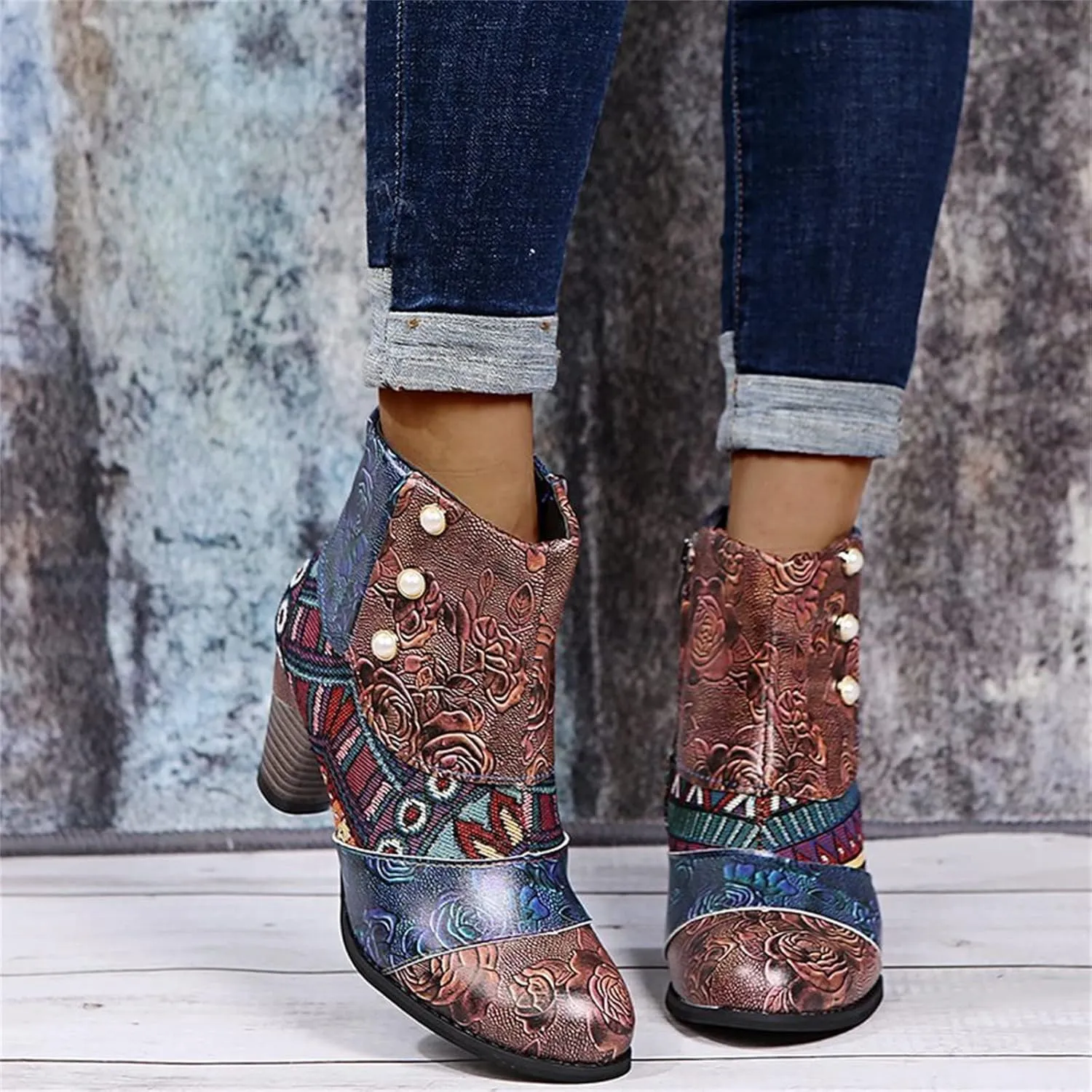 Lausiuoe Boots For Women Ankle Booties Sexy Low Heels Cowgirl Cowboy Chunky Stacked Mid Heel Zipper Western Short Boots