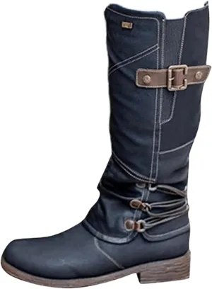 Lausiuoe Boots For Women Knee High Sexy Western Cowboy Cowgirl Style Embroidered Wide Calf Low Heel Fall Booties 2022