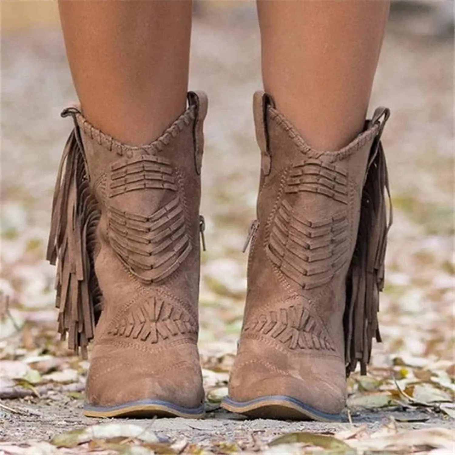 Lausiuoe Cowboy Boots For Women Short Fringe Western Cowgirl Ankle Boots Ladies Casual Dressy Wide Calf Booties Shoes