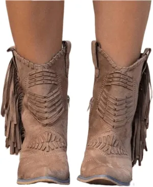 Lausiuoe Cowboy Boots For Women Short Fringe Western Cowgirl Ankle Boots Ladies Casual Dressy Wide Calf Booties Shoes