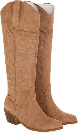 Lausiuoe Cowboy Boots For Women Wide Calf Wide Foot Embroidered Pull-On Chunky Heel Cowgirl Knee High Western Boots