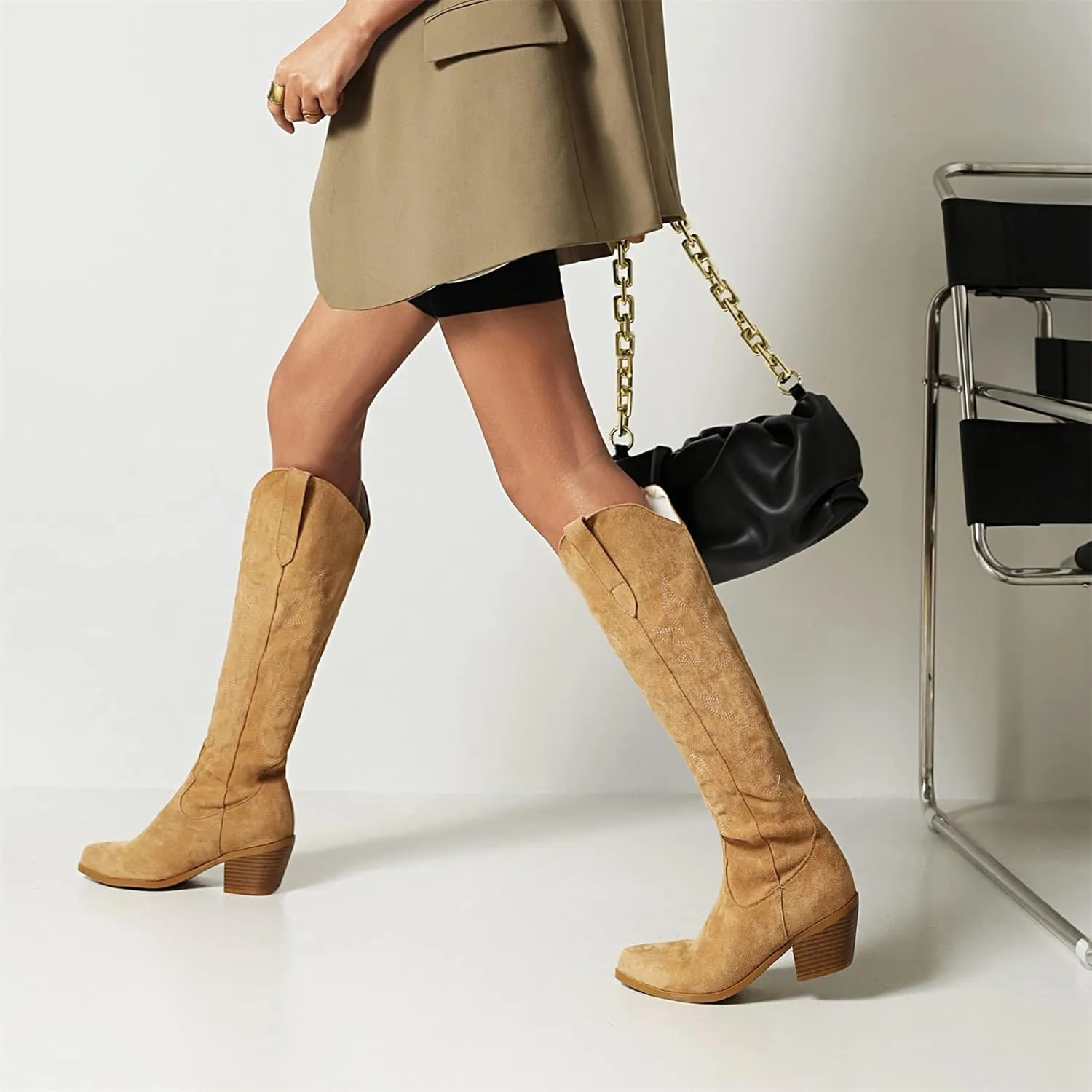 Lausiuoe Cowboy Boots For Women Wide Calf Wide Foot Embroidered Pull-On Chunky Heel Cowgirl Knee High Western Boots