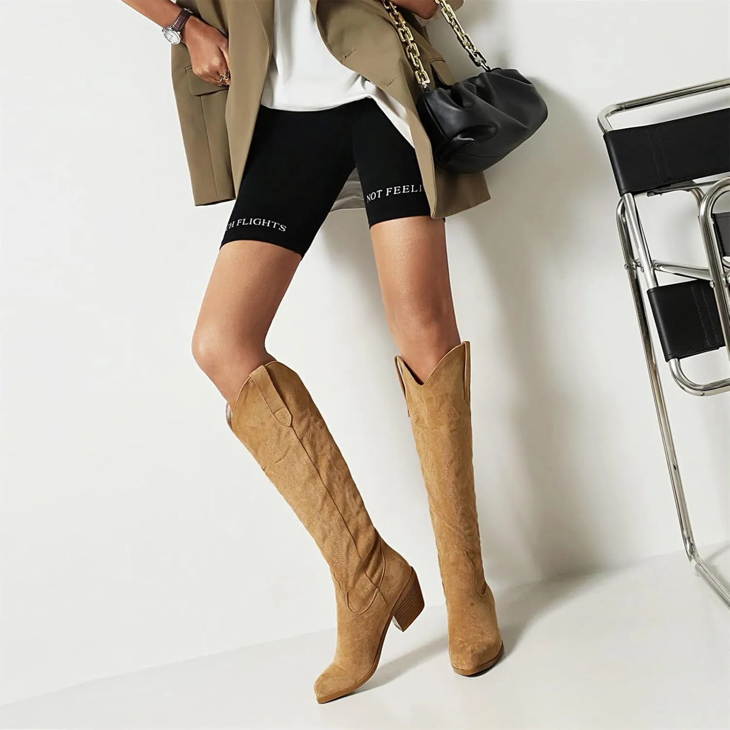 Lausiuoe Cowboy Boots For Women Wide Calf Wide Foot Embroidered Pull-On Chunky Heel Cowgirl Knee High Western Boots