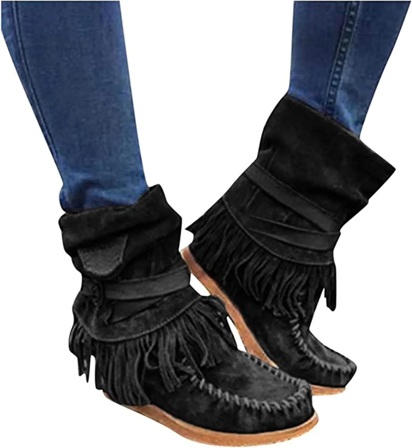 Lausiuoe Cowboy Boots For Women Wide Calf Wide Foot Fringe Western Dressy Cowgirl Ankle Boots Short Booties Shoes