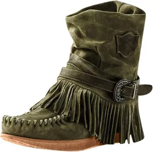 Lausiuoe Cowboy Boots For Women Wide Calf Wide Foot Fringe Western Dressy Cowgirl Ankle Boots Short Booties Shoes