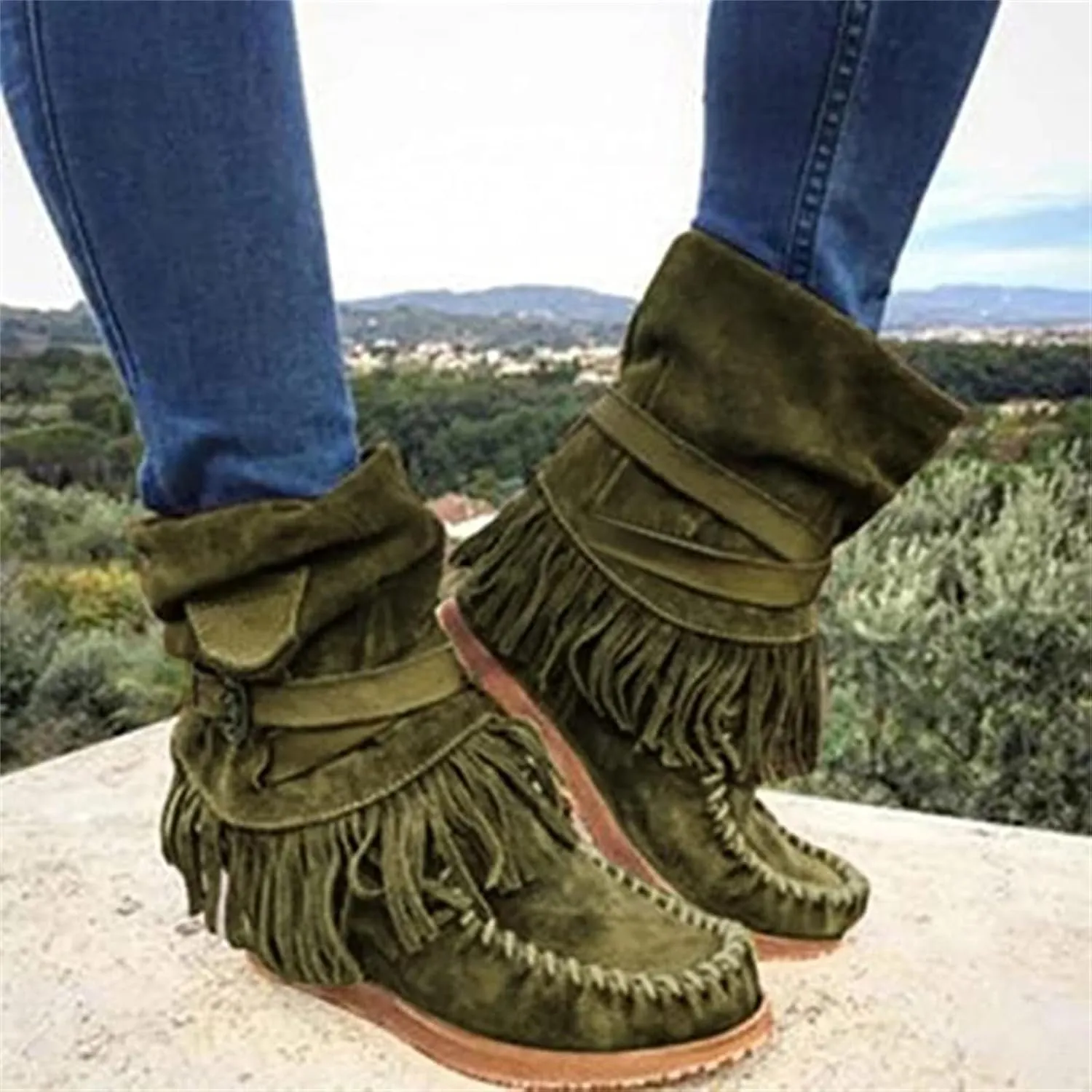 Lausiuoe Cowboy Boots For Women Wide Calf Wide Foot Fringe Western Dressy Cowgirl Ankle Boots Short Booties Shoes