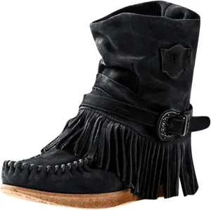 Lausiuoe Cowboy Boots For Women Wide Calf Wide Foot Fringe Western Dressy Cowgirl Ankle Boots Short Booties Shoes