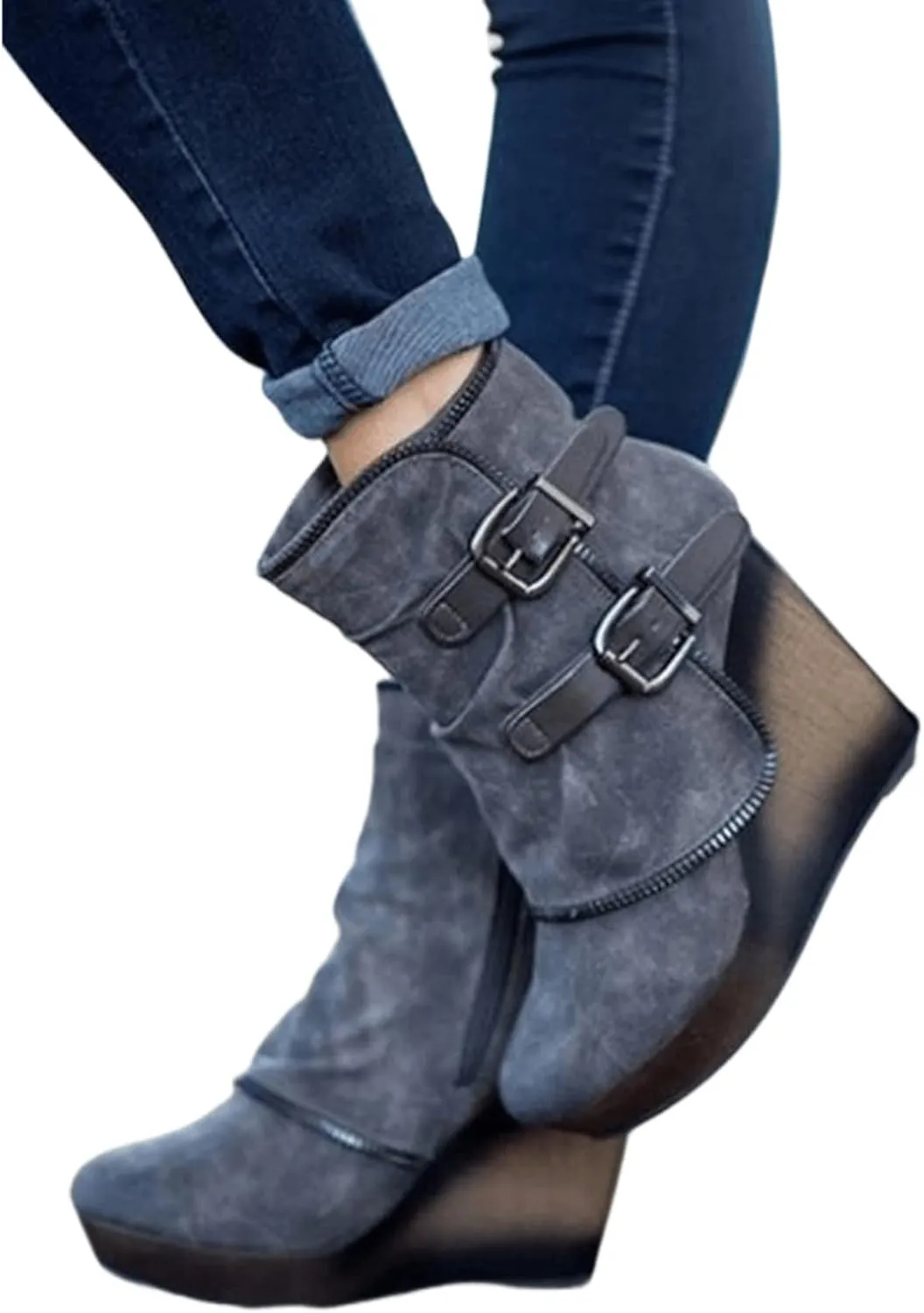 Lausiuoe Wedge Booties For Women Closed Toe Ankle Boots Slip on Heeled Casual Fashion Western Platform Fall Booties