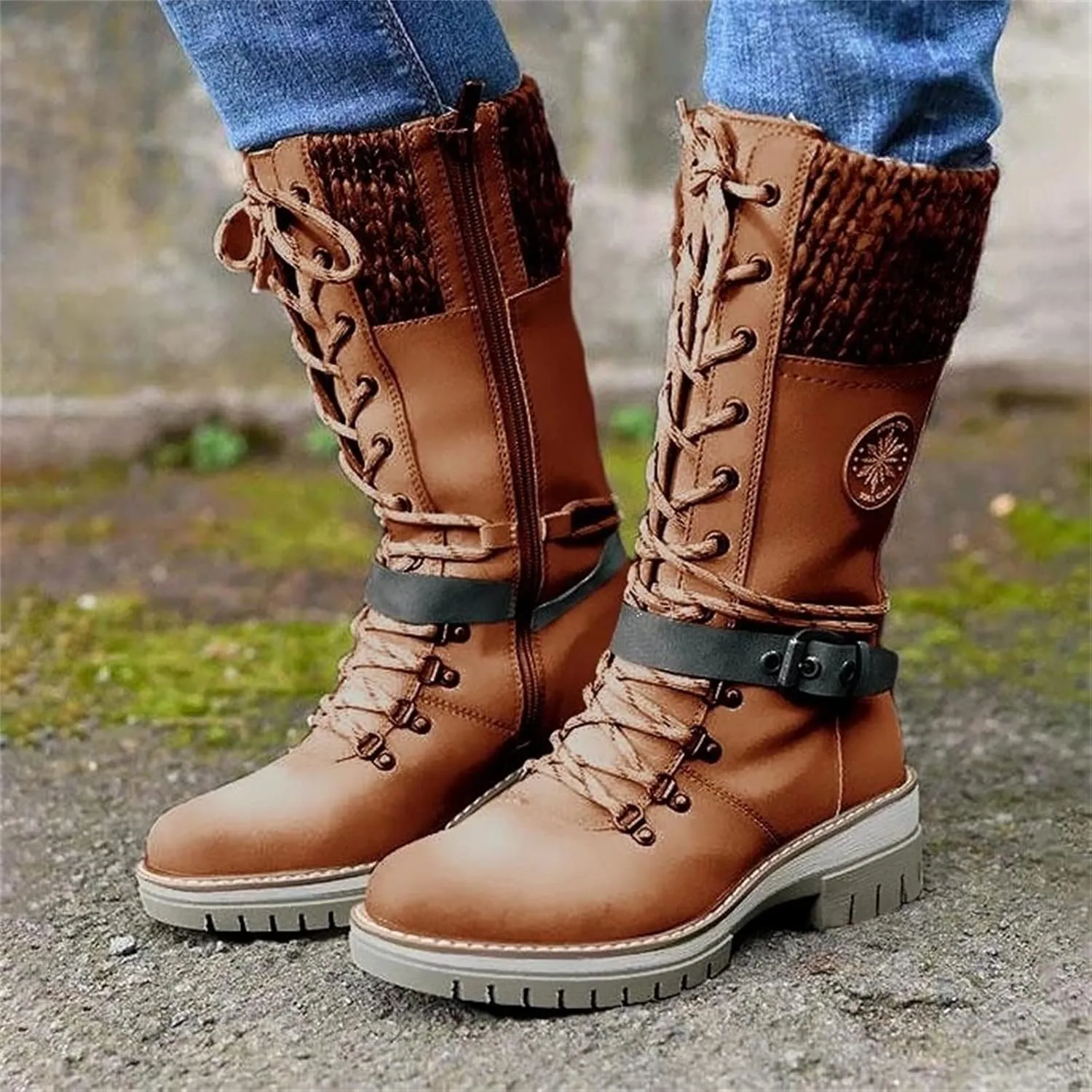 Lausiuoe Winter Boots For Women Fashion 2022 Platform Mid Calf Low Heel Round-Toe Side Zip Punk Lace Up Military Combat Boots