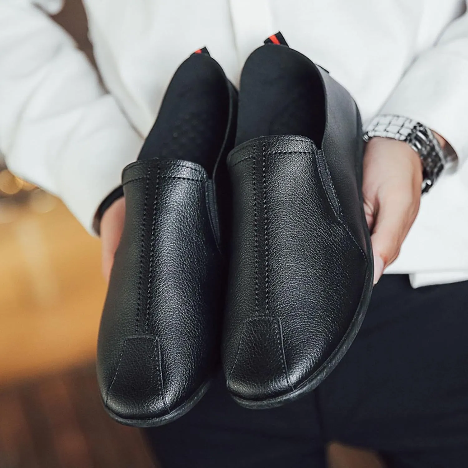 Leisure Men's Four Seasons Non Slip Flat Round Toe Breathable Slip On Lazy Leisure Casual Dress Shoes for Men Size 8 Arch
