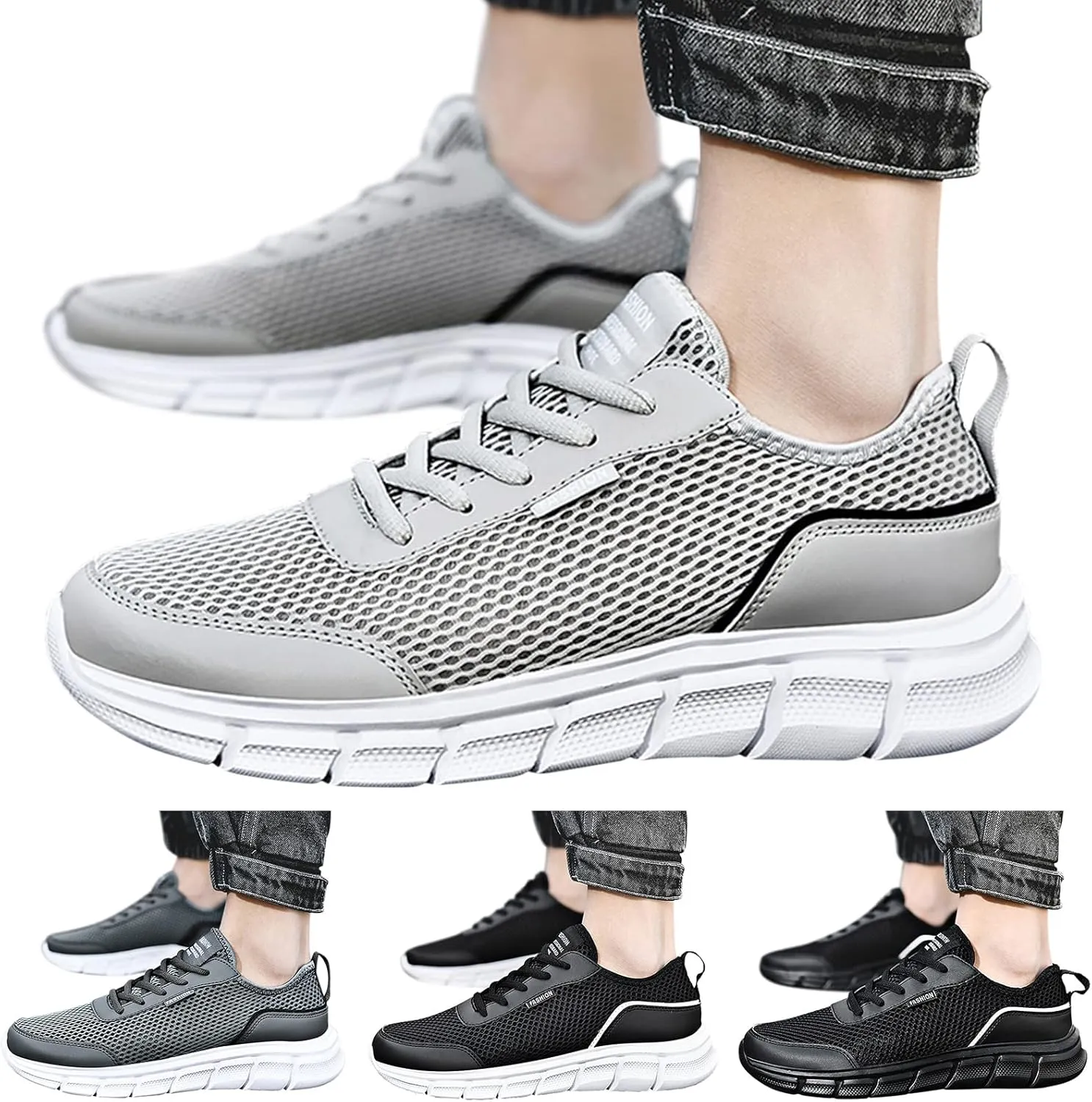 Men's Casual Shoe Fashion Spring and Summer Men Sports Shoes Flat Lightweight Mesh Breathable Lace Up Solid Color Casual