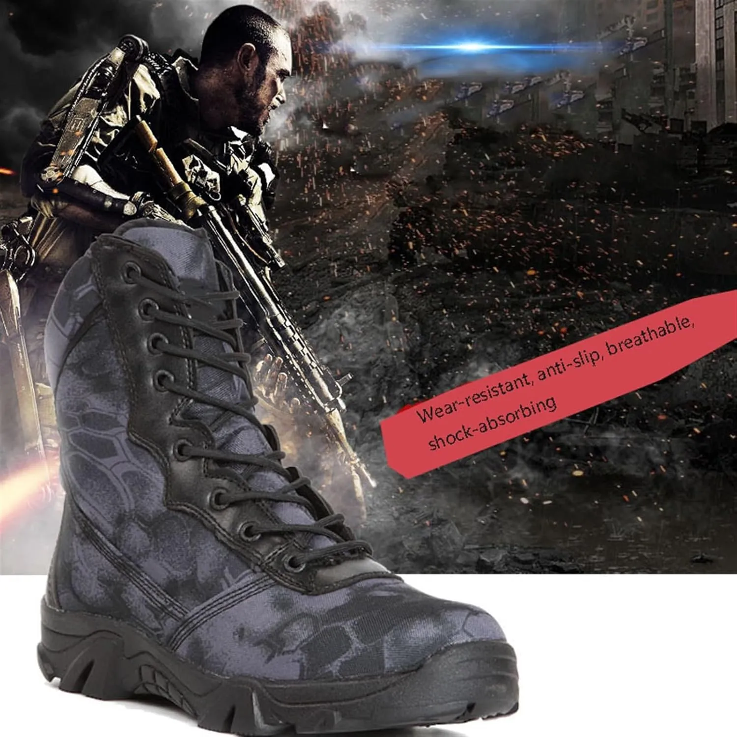 Men's Hiking Boots, Mens Military Side Zip Waterproof Breathable Camouflage Combat Boots, Lightweight and Casual Lace Up All Terrain Shoes, for Hiking Camping Climbing
