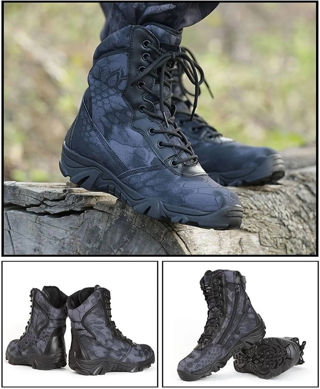 Men's Hiking Boots, Mens Military Side Zip Waterproof Breathable Camouflage Combat Boots, Lightweight and Casual Lace Up All Terrain Shoes, for Hiking Camping Climbing