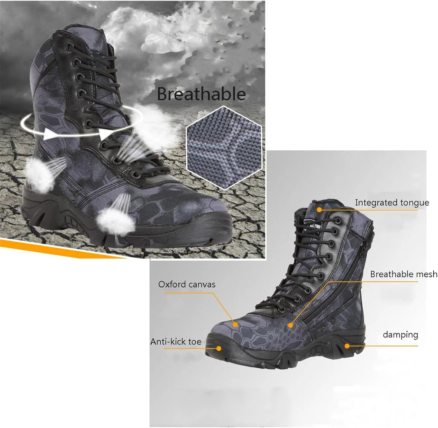 Men's Hiking Boots, Mens Military Side Zip Waterproof Breathable Camouflage Combat Boots, Lightweight and Casual Lace Up All Terrain Shoes, for Hiking Camping Climbing