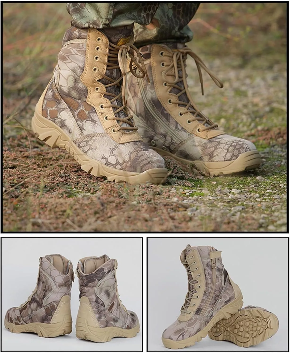 Men's Hiking Boots, Mens Military Side Zip Waterproof Breathable Camouflage Combat Boots, Lightweight and Casual Lace Up All Terrain Shoes, for Hiking Camping Climbing