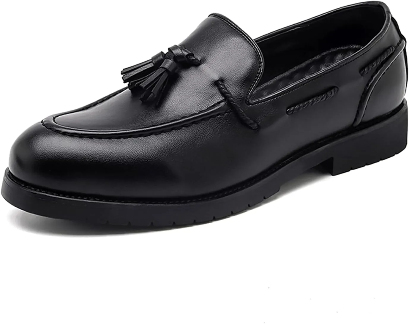 Men's Leather Loafers Black Slip-On Shoes Classic Tassel Loafers Arch Support Casual Dress Shoes