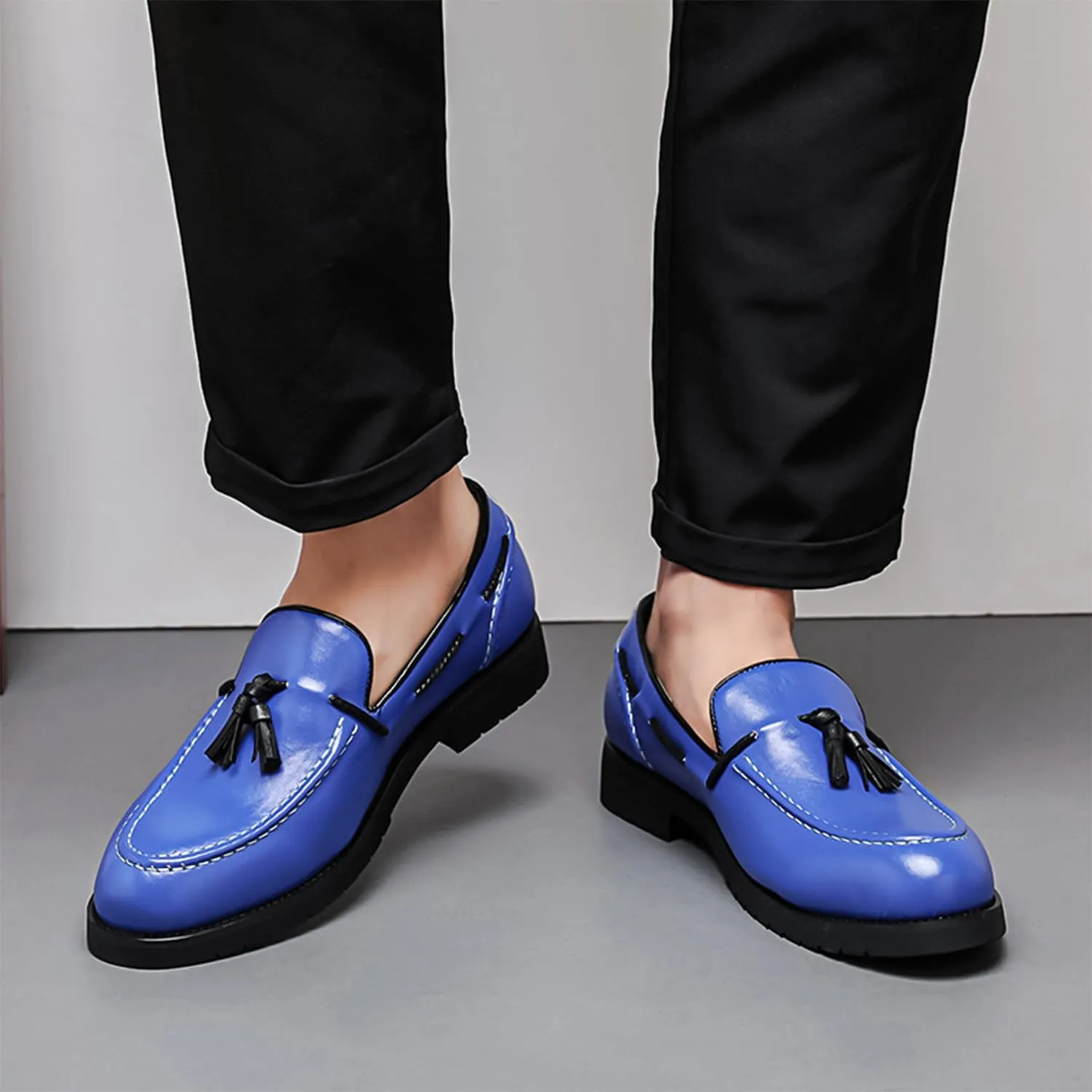 Men's Leather Loafers Black Slip-On Shoes Classic Tassel Loafers Arch Support Casual Dress Shoes